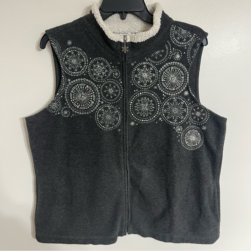 Croft Barrow Size Large Gray Snowflake Embroidered Fleece‎ Zip Front Vest